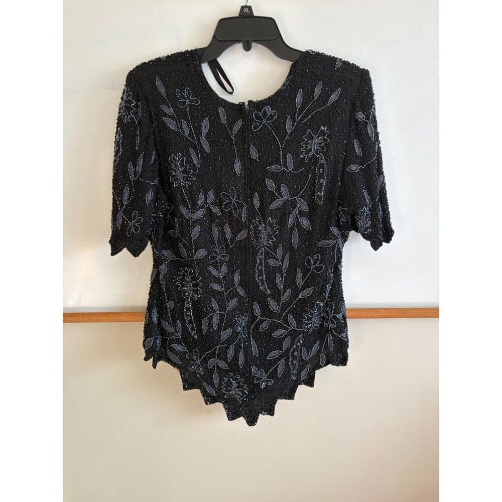 Vintage Laurence Kazar Silk Beaded Sequin Evening Top, Black, XL
